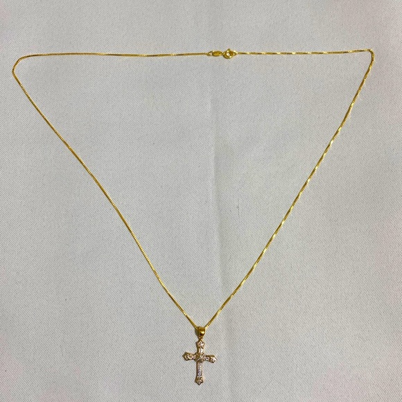 Gold Plated 925 Sterling Silver Necklace w Gold & Silver Two-Tone Cross Pendant - Picture 2 of 7
